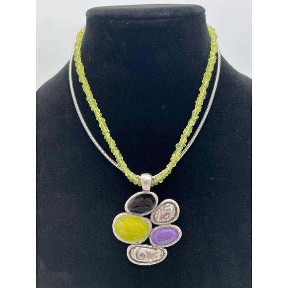 Handcrafted Silver Multi Stone Peridot Beaded Necklace With Unique Pendant - Picture 1 of 8